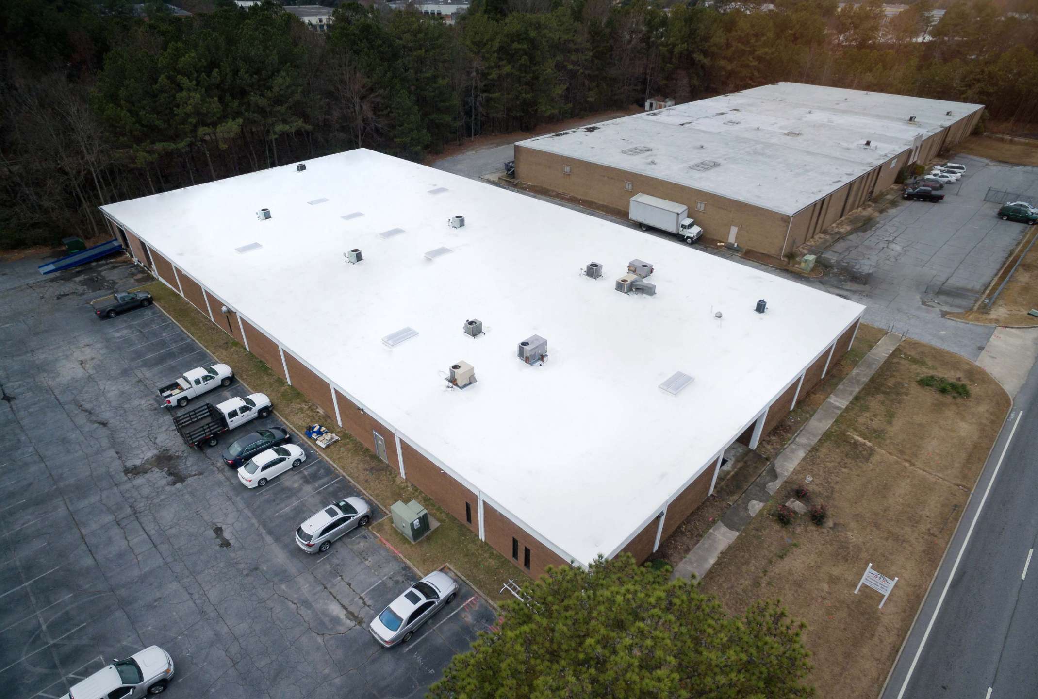 Overview image of a commercial reroof project for Southern Fluid Systems in Atlanta