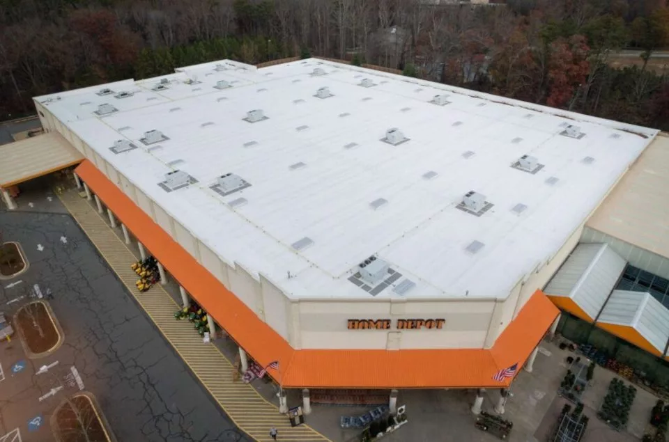 Aerial view of The Home Depot in Alpharetta, GA. with new commercial roof.