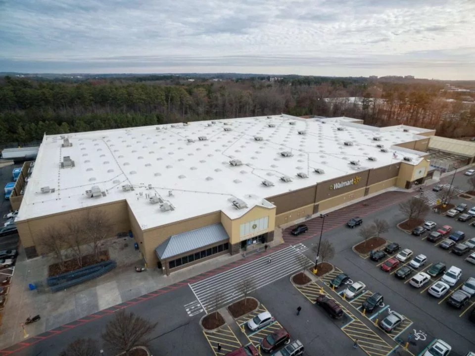 Aerial view of Walmart Super Center in Alpharetta, GA. with new commercial roof.
