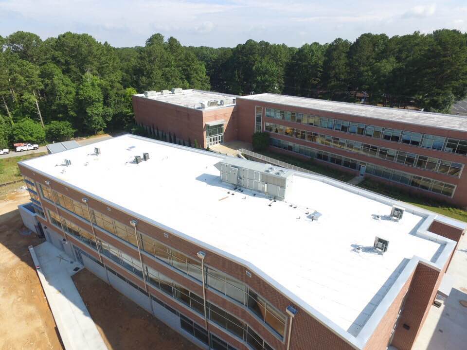 Aerial view of Young Middle School's addition in Atlanta, GA. with new commercial roof.