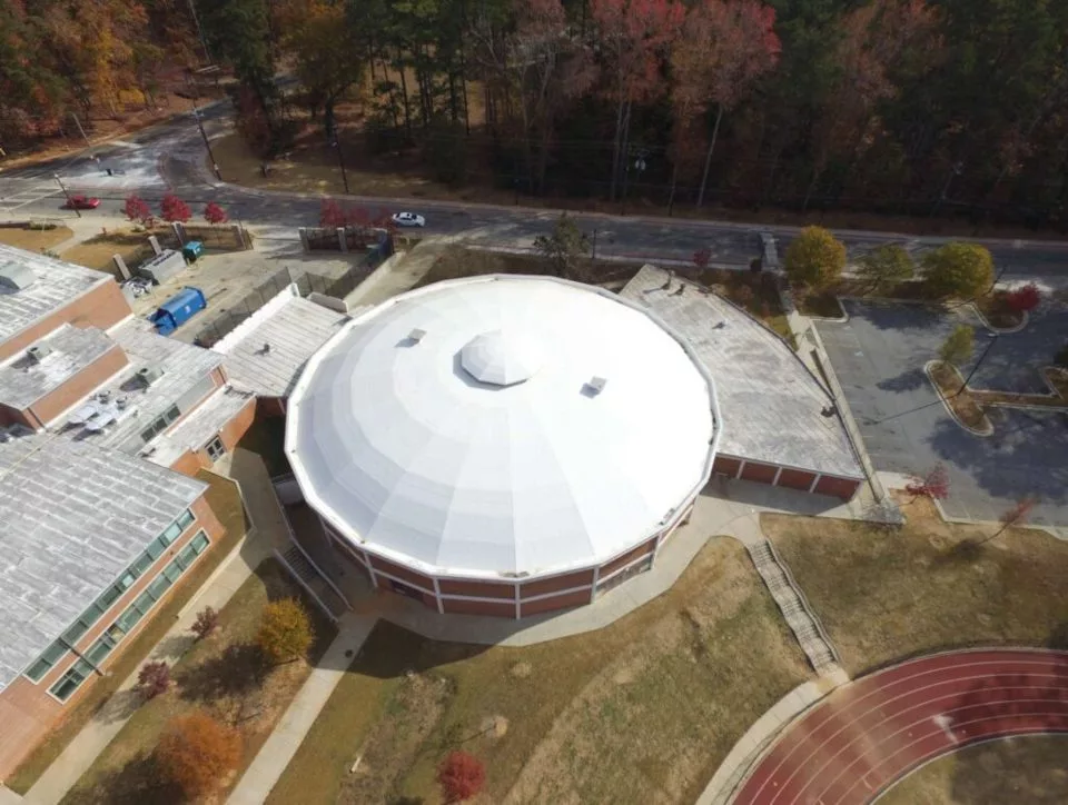 Aerial view of Young Middle School's Gym in Atlanta, GA. with new commercial roof.