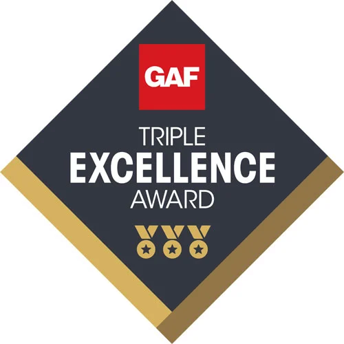 GAF Triple Excellence Award emblem featuring a dark diamond background with a gold border, displaying three gold stars and the GAF logo in red.