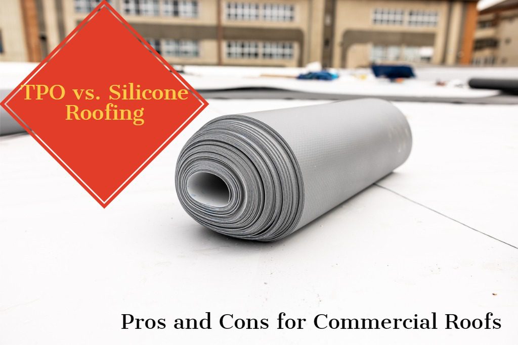 Close-up view of rolled roofing material with a backdrop of a commercial building, highlighting the comparison of TPO vs. silicone roofing for commercial roofs.